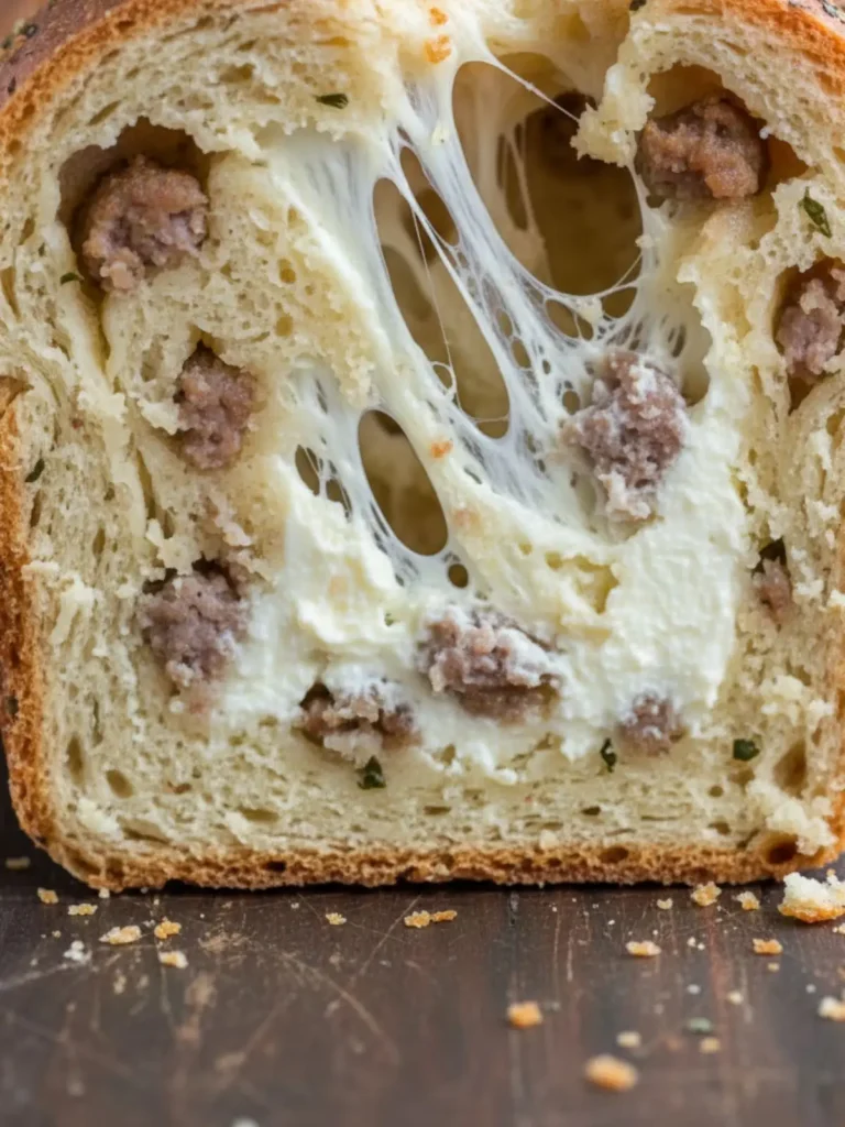 Sausage Bread Recipe Macro close-up of Sausage Bread interior with stretchy melted cheese, browned sausage, creamy spreadable cheese layer, and tender chewy crumb at the crust edge.