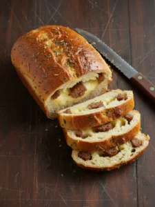 Sausage Bread Recipe Finished Sausage Bread at a 45-degree angle with stacked slices on a cutting board, highlighting buttery crust, herbs, and gooey cheese pockets.