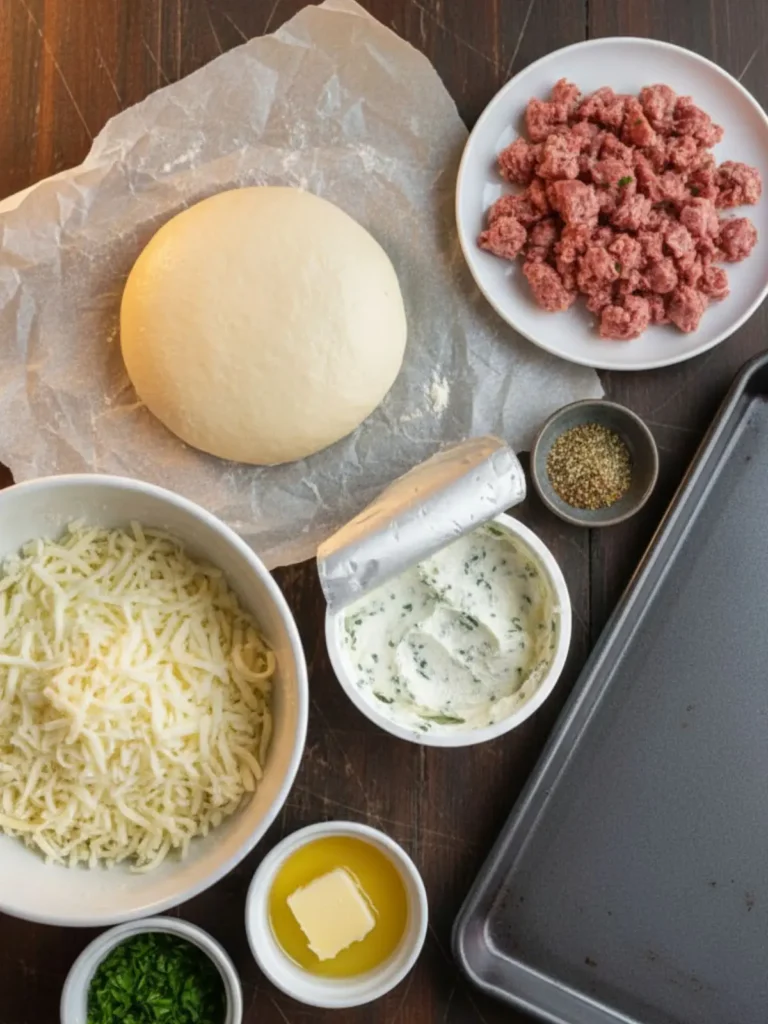 Sausage Bread Recipe Full ingredient setup for Sausage Bread with Italian sausage, pizza dough, garlic-herb spread, shredded cheese, parsley, butter, and seasoning on parchment.