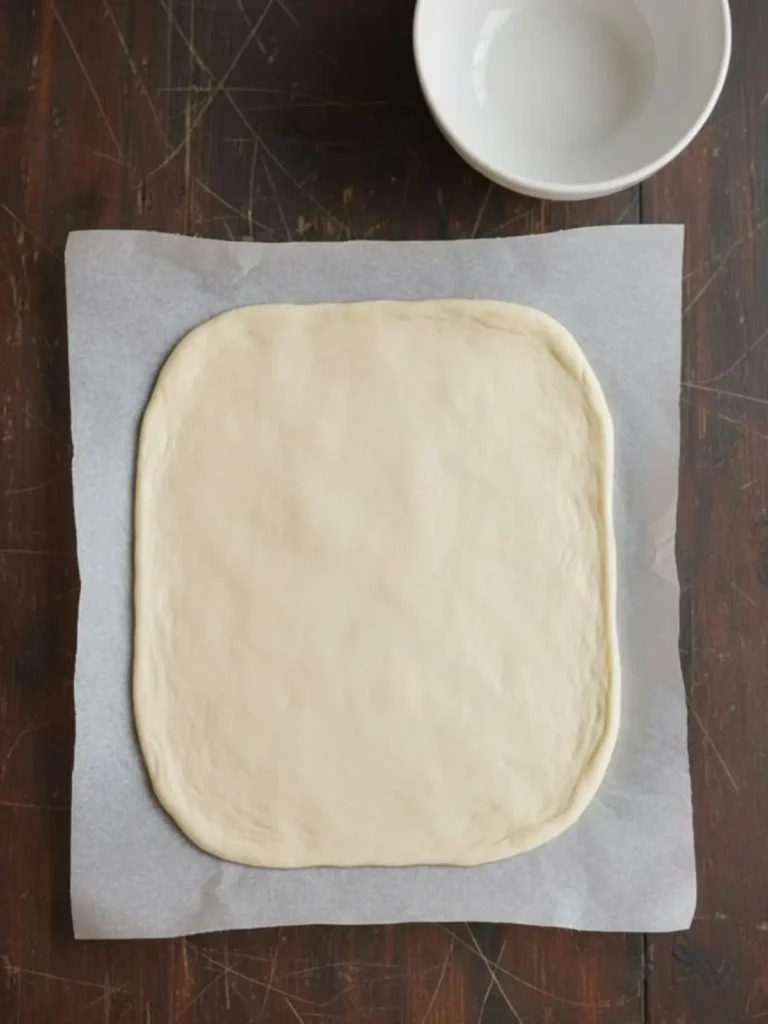 Sausage Bread Recipe Step 1 of Sausage Bread shows sausage crumbling and browning in a skillet while a parchment-lined rimmed baking sheet is prepped for baking.