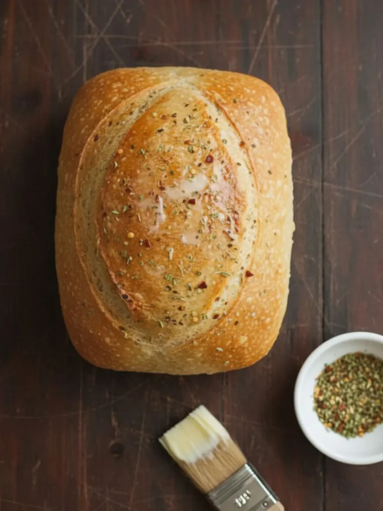 Sausage Bread Recipe Step 9 of Sausage Bread shows the loaf baking and rising on the rimmed sheet, crust turning golden, then loosely tented with foil to prevent overbrowning.