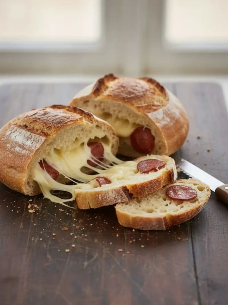 Sausage Bread Recipe Step 11 of Sausage Bread shows the loaf sliced on a cutting board with a serrated knife nearby, revealing clean layers of sausage and melted cheese.