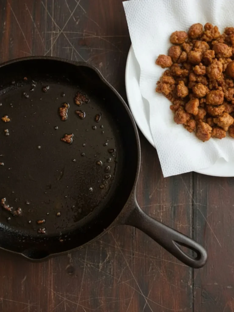 Sausage Bread Recipe Step 2 of Sausage Bread shows fully browned sausage crumbles draining on paper towels, with rendered fat left behind in the skillet.