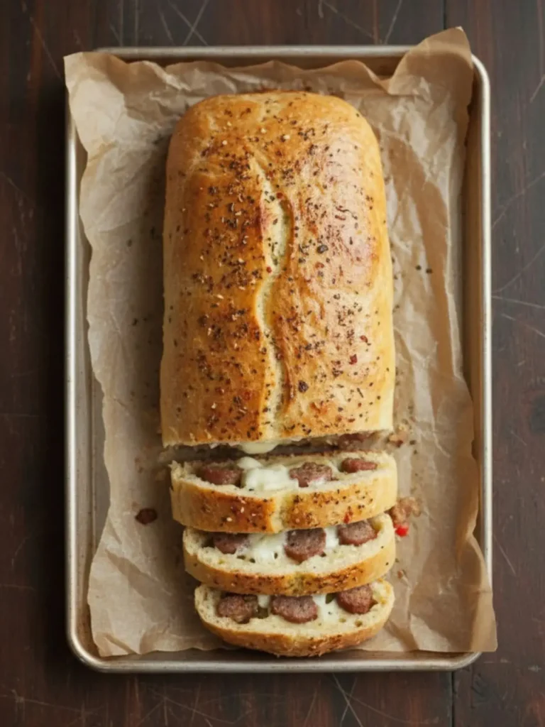 Sausage Bread Recipe Golden Sausage Bread loaf on a parchment-lined baking sheet with several slices fanned open, showing melted cheese and browned sausage filling.
