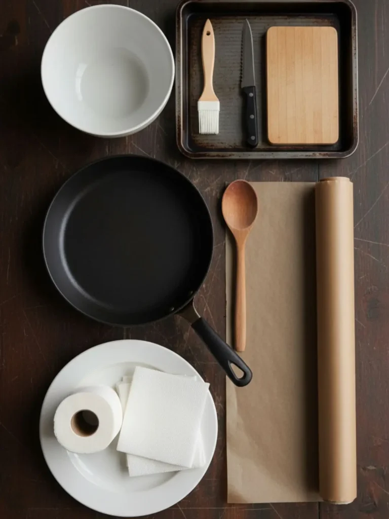 Sausage Bread Recipe Sausage Bread tools arranged cleanly: large skillet, wooden spoon, paper towels and plate, parchment, rimmed baking sheet, pastry brush, serrated knife, cutting board.