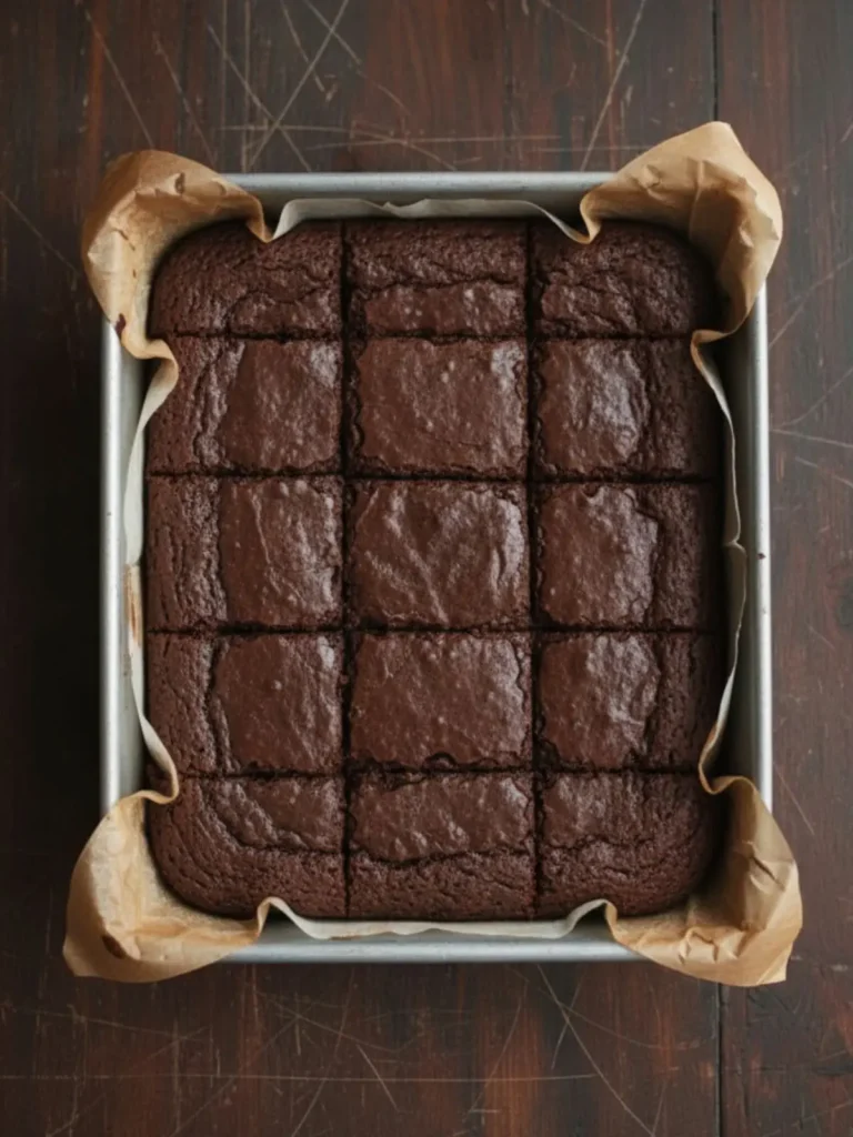 Fudgy Homemade Brownies Full pan of seriously fudgy homemade brownies with a shiny crackly top, thick chocolatey squares, and parchment-lined metal pan ready for slicing