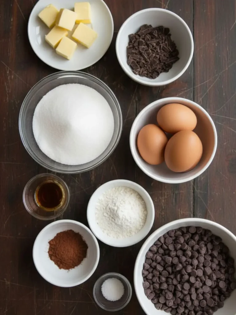 Fudgy Homemade Brownies Measured ingredients for seriously fudgy homemade brownies, including butter, chopped chocolate, sugar, eggs, cocoa powder, flour, salt, vanilla, and chocolate chips