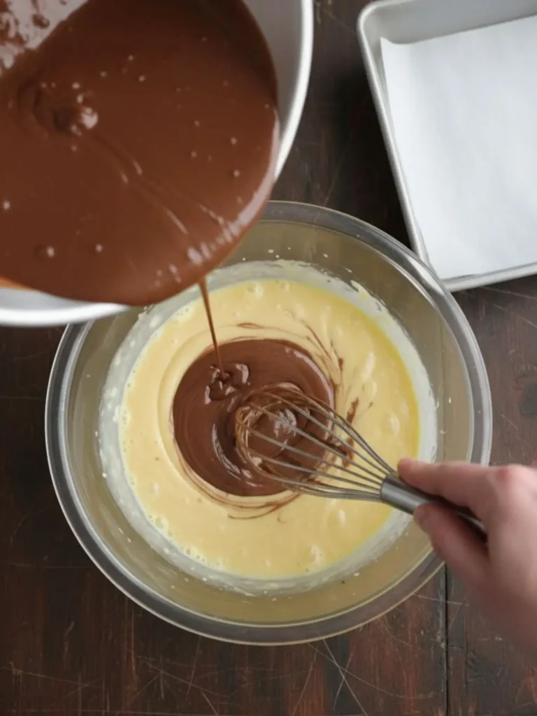 Fudgy Homemade Brownies Step 4 of seriously fudgy homemade brownies as melted chocolate mixture and vanilla are added to the whipped eggs and sugar