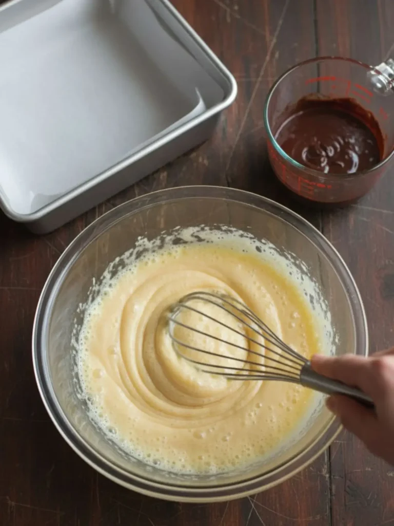 Fudgy Homemade Brownies Step 3 for seriously fudgy homemade brownies with eggs and sugar whipped to a pale thick ribbon stage in the same glass mixing bowl