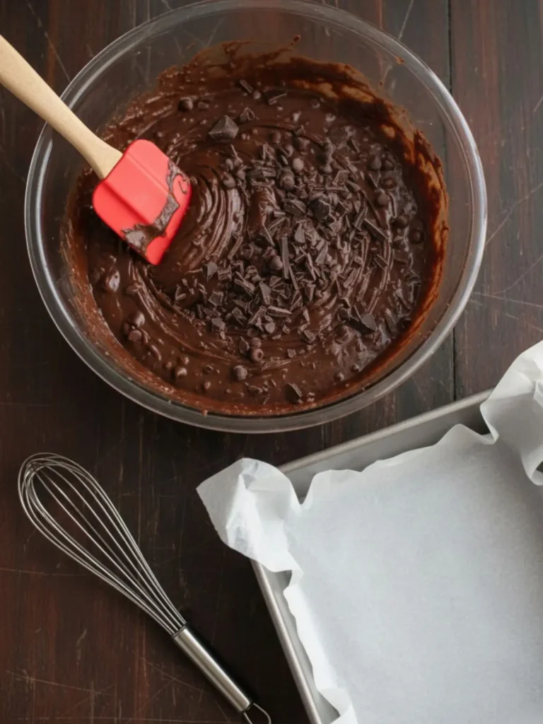 Fudgy Homemade Brownies Step 5 for seriously fudgy homemade brownies showing cocoa powder, flour, and salt sifted into the chocolate mixture before gentle mixing