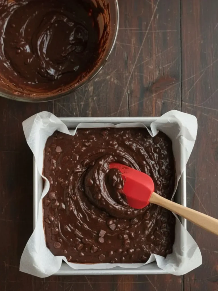 Fudgy Homemade Brownies Step 6 of seriously fudgy homemade brownies with thick dark batter as chopped chocolate and chocolate chips are folded in with a spatula