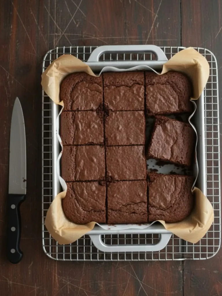 Fudgy Homemade Brownies Step 7 for seriously fudgy homemade brownies showing the thick chocolate batter spread evenly into the same parchment-lined square metal pan