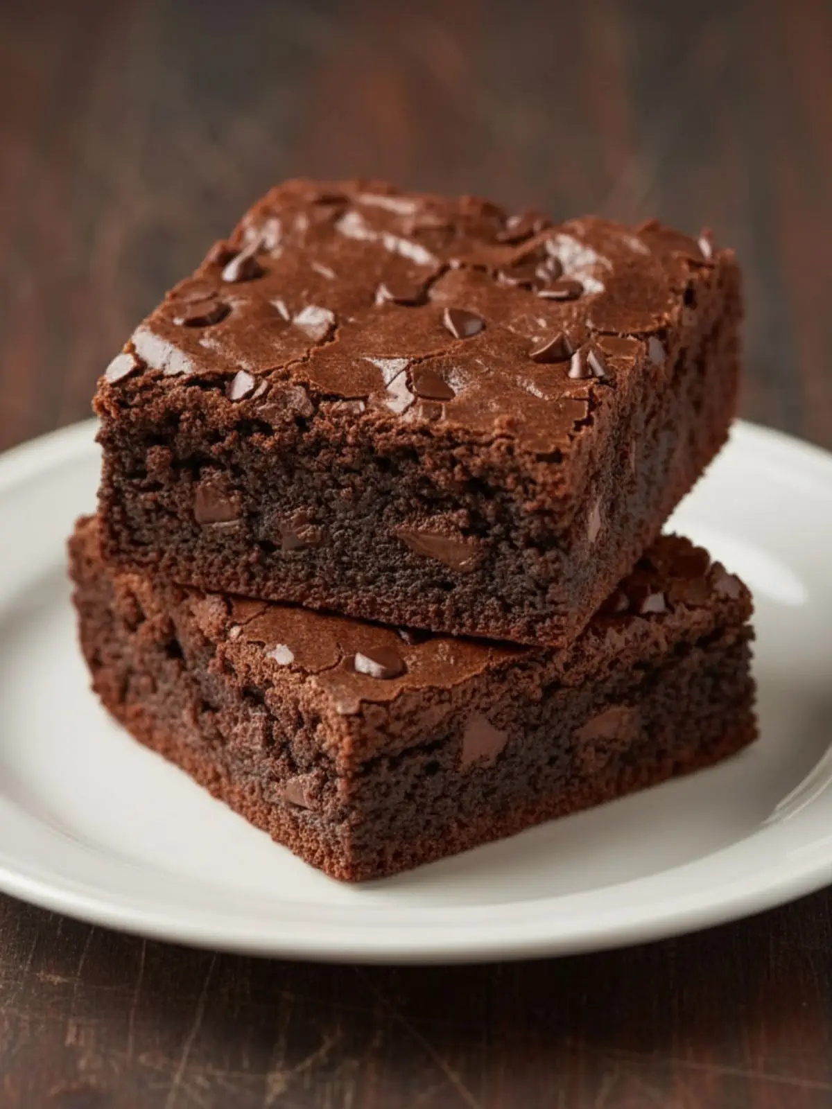 Macro close-up of a plated serving of seriously fudgy homemade brownies with a crackly top and soft, dense chocolate center
