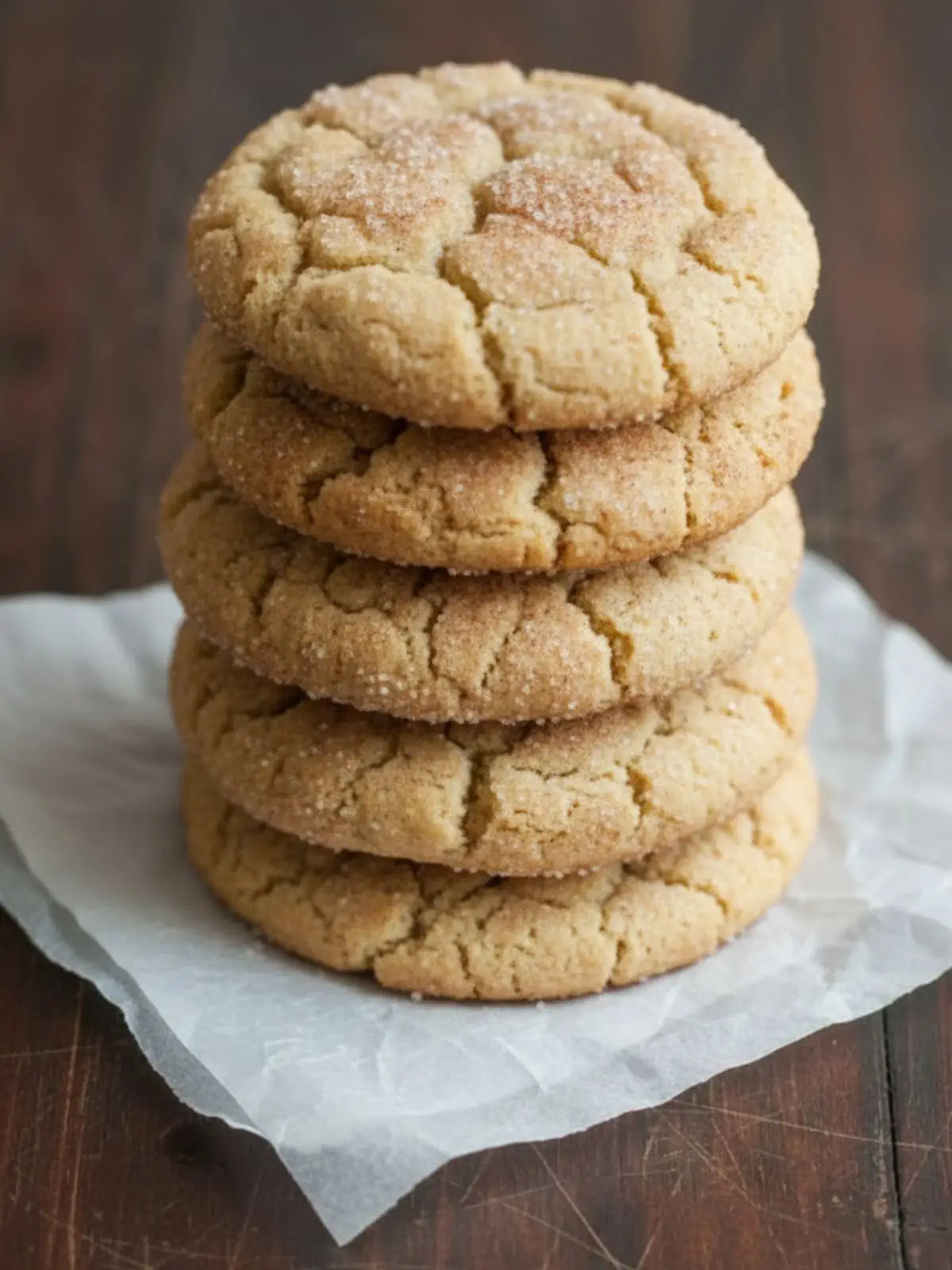 Close-up view of stacked soft & thick snickerdoodles highlighting the cinnamon sugar crust and thick bakery-style cookie texture.