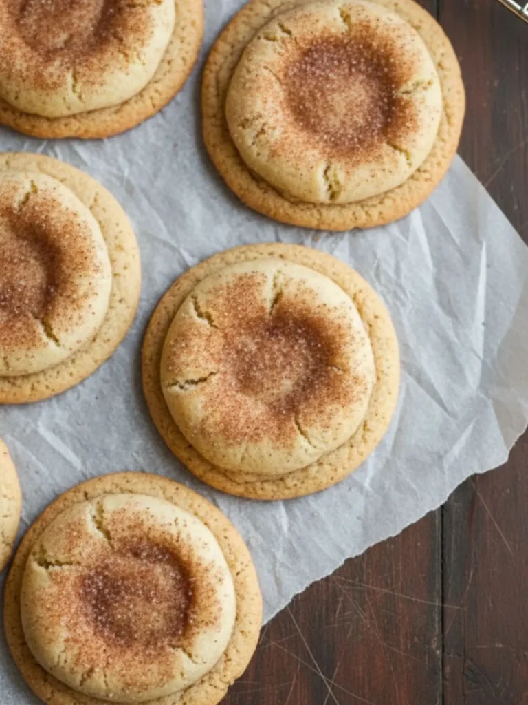 Snickerdoodles Cookies Fresh batch of soft & thick snickerdoodles with cracked cinnamon sugar tops cooling on a parchment-lined baking sheet after baking.