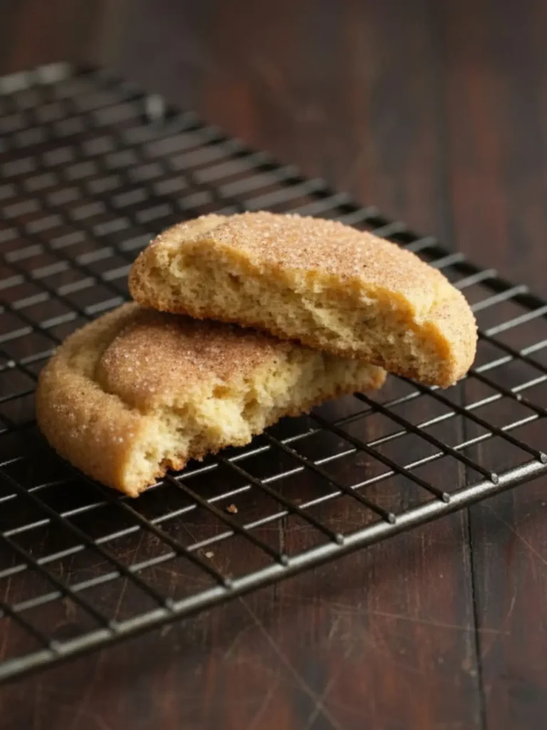 Snickerdoodles Cookies Broken soft & thick snickerdoodle cookie revealing tender interior crumb and fluffy center resting on a cooling rack.