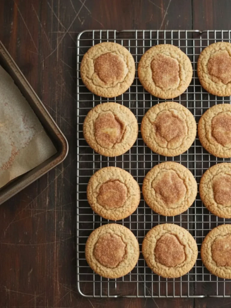 Snickerdoodles Cookies Warm soft & thick snickerdoodles cooling on a metal rack after baking, showing thick cookies with cinnamon sugar crust.