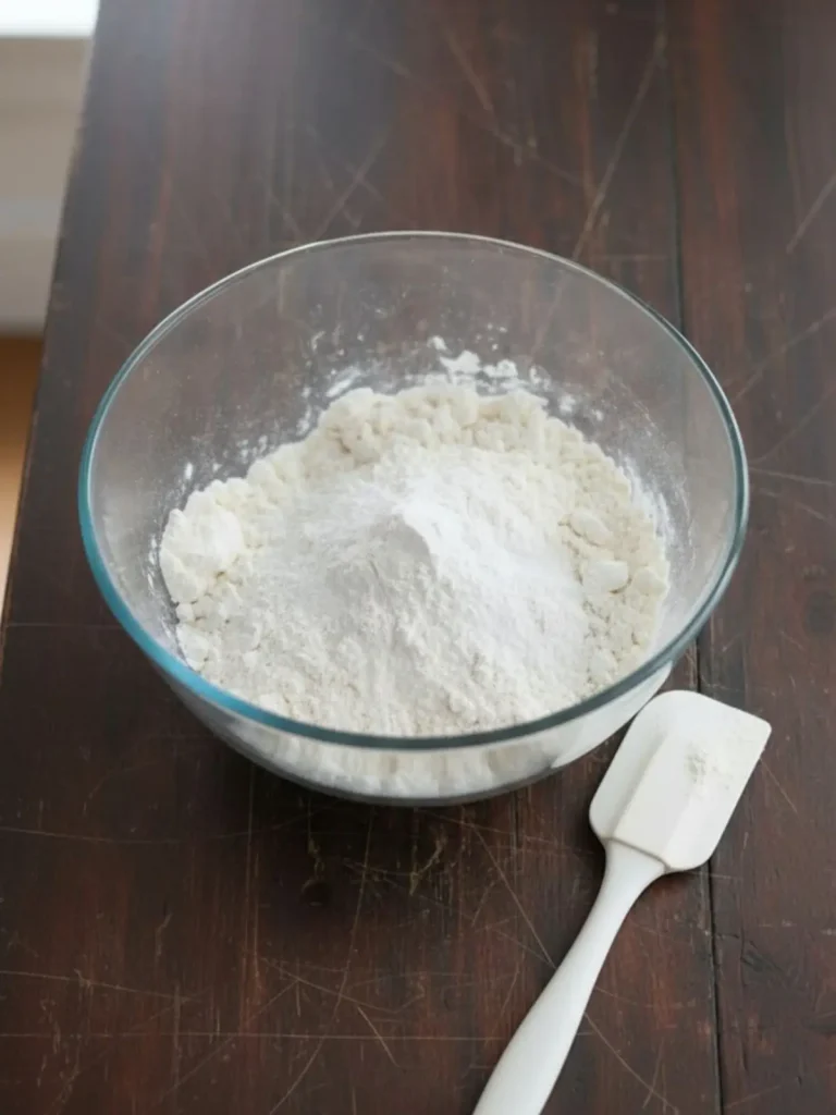 Snickerdoodles Cookies Flour, cream of tartar, baking soda, and salt combined in a glass mixing bowl for soft & thick snickerdoodles cookie dough.