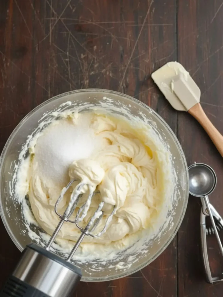 Snickerdoodles Cookies Softened butter and granulated sugar being creamed in a glass mixing bowl to create the base for soft & thick snickerdoodles dough.