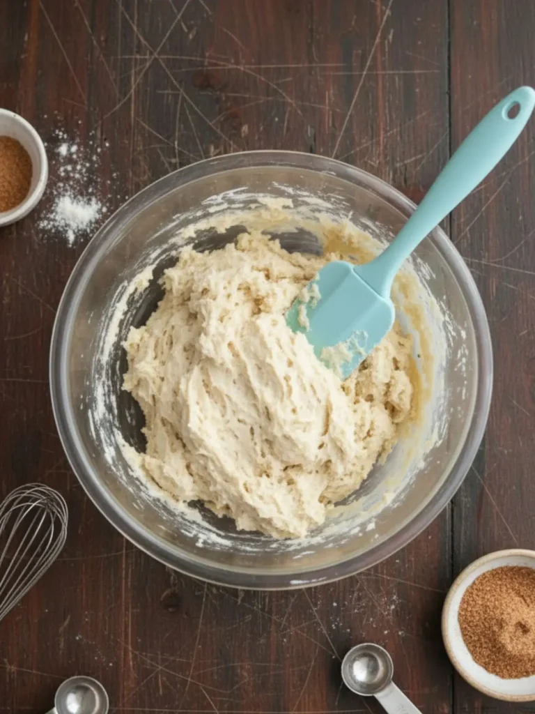 Snickerdoodles Cookies Thick snickerdoodle cookie dough fully mixed in a glass bowl with a spatula, ready for scooping and shaping.