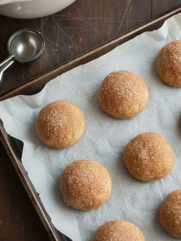 Snickerdoodles Cookies Snickerdoodle dough balls coated in cinnamon sugar and arranged on a parchment-lined baking sheet before baking.