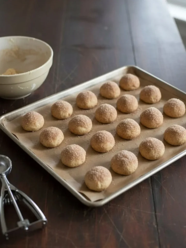 Snickerdoodles Cookies Evenly spaced cinnamon sugar coated dough balls for soft & thick snickerdoodles placed on a baking sheet ready for the oven.