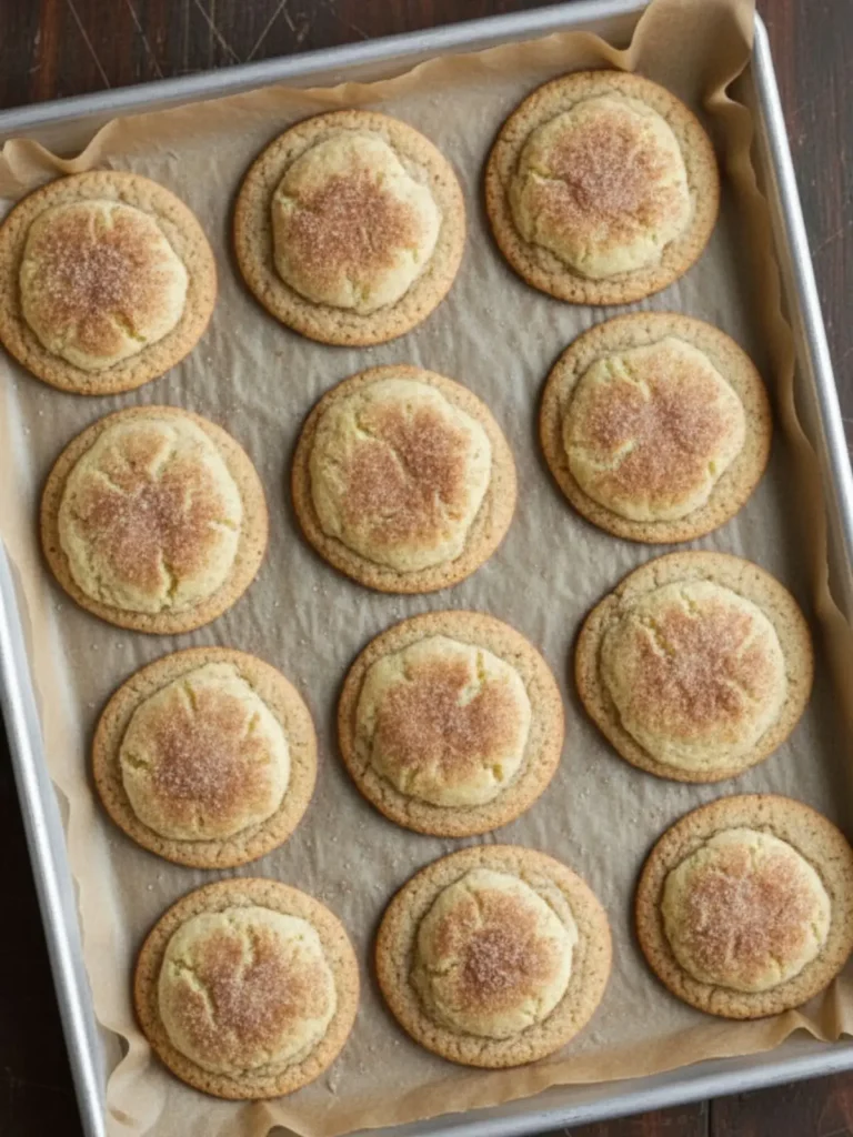Snickerdoodles Cookies Freshly baked soft & thick snickerdoodles with golden edges and crackled cinnamon sugar tops on a parchment-lined baking sheet.