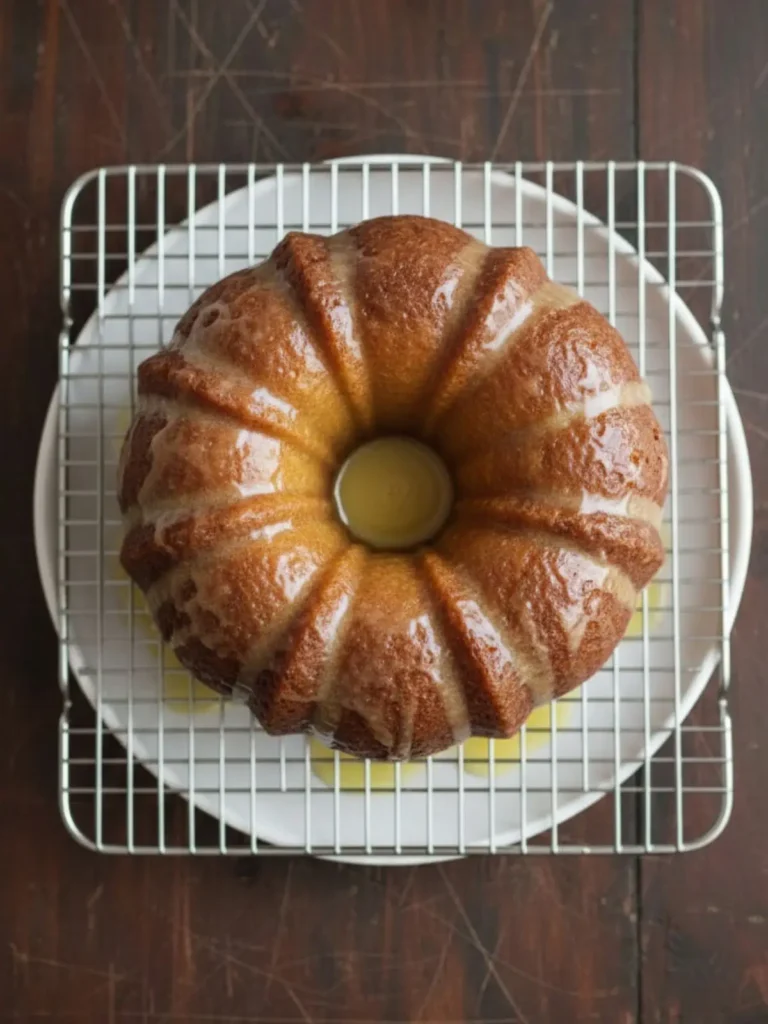 Southern Hangover Cake Full Southern Hangover Cake presented in Bundt form with glossy bourbon limoncello glaze highlighting its golden ridges and moist surface.