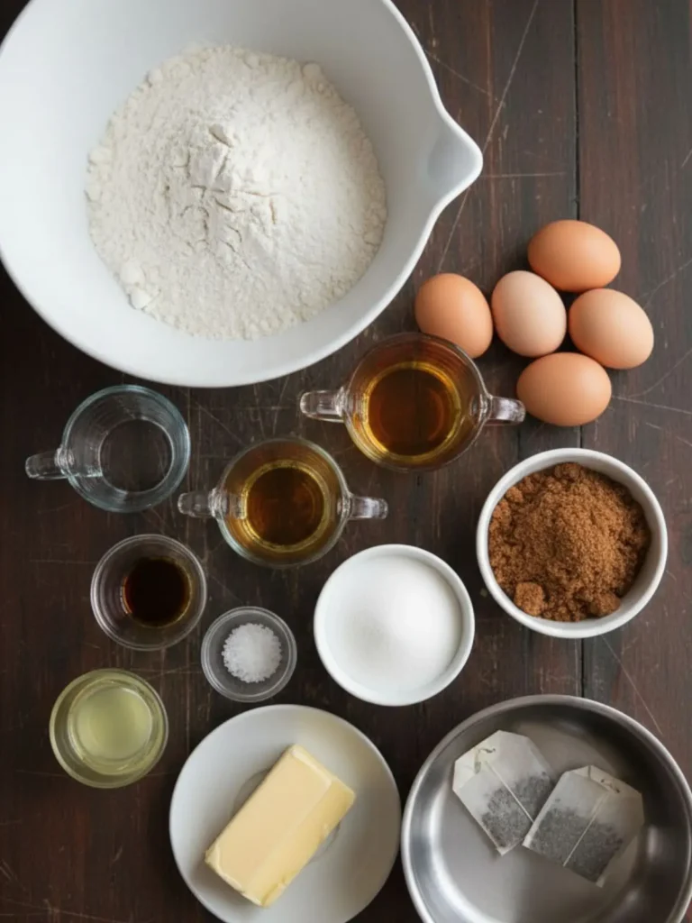 Southern Hangover Cake Measured ingredients for Southern Hangover Cake arranged before baking, including bourbon, limoncello, cake flour, sugars, butter, eggs, oil, and tea bags.