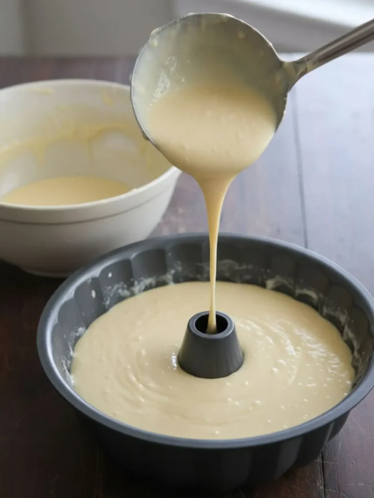 Southern Hangover Cake Thick Southern Hangover Cake batter spread evenly into the prepared Bundt pan before baking.
