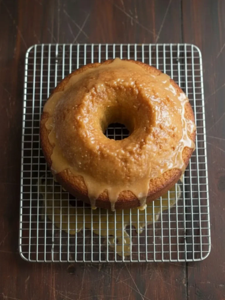 Southern Hangover Cake Freshly baked Southern Hangover Cake poked with holes and soaked with warm bourbon glaze while still in the pan.