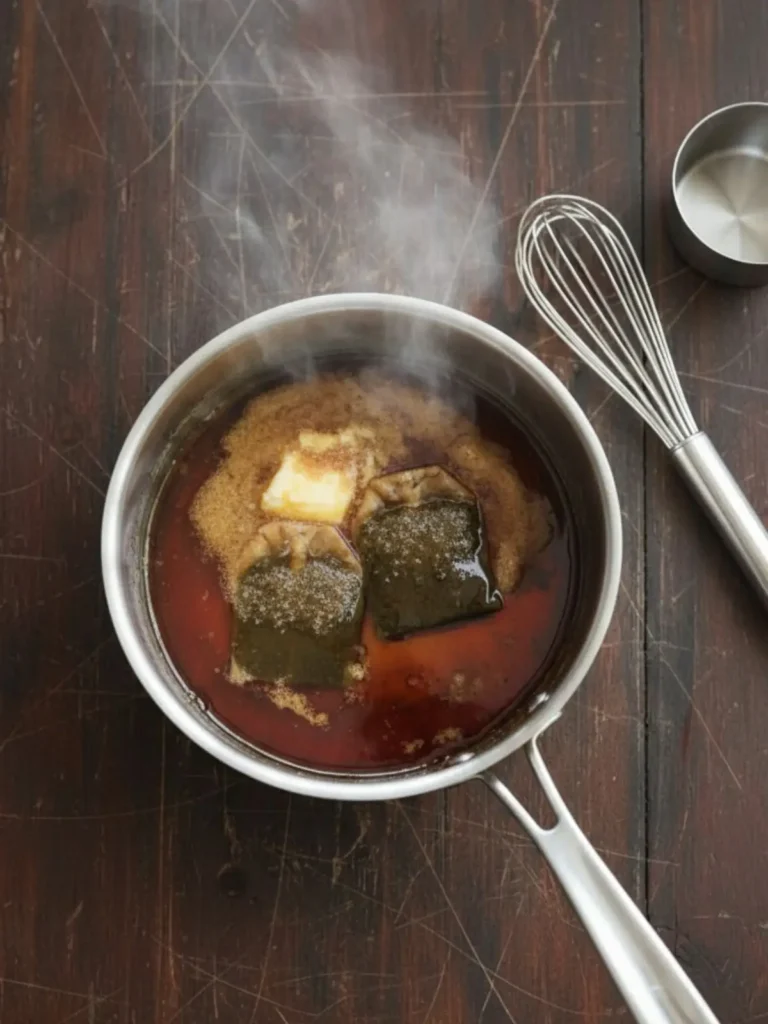 Southern Hangover Cake Butter, sugar, bourbon, limoncello, and tea bags simmering in saucepan to create the glaze for Southern Hangover Cake.