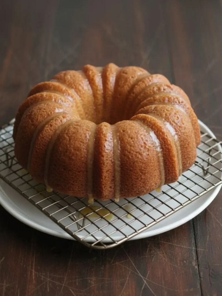 Southern Hangover Cake Single plated slice of Southern Hangover Cake showcasing plush crumb texture and glossy bourbon glaze on top.