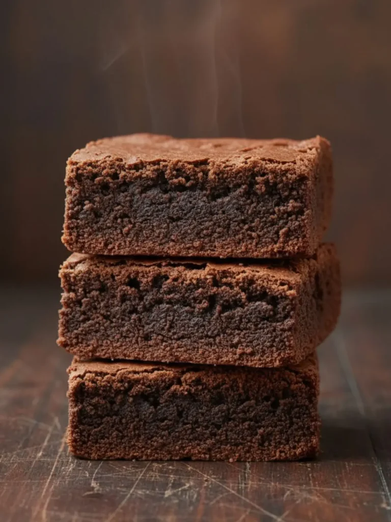 Espresso Brownies (Coffee Flavor) Recipe Extreme close-up of a chocolate espresso brownie showing the delicate, paper-thin glossy crust shattering to reveal the dense, moist fudge center beneath.